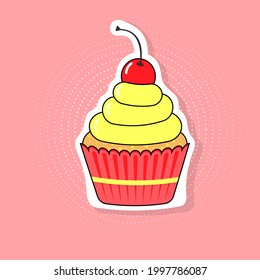 Pop art style cupcake with cherry on the halftone background. 