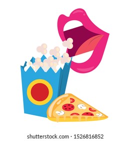 pop art style design with bigh mouth eating pop corn and pizza slice over white background, vector illustration