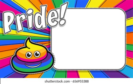 Pop Art Style design Postcard, Horizontal frame greeting card. "Pride!" sign Invitation card. Vector Illustration. with a white empty space inside for your text or image.