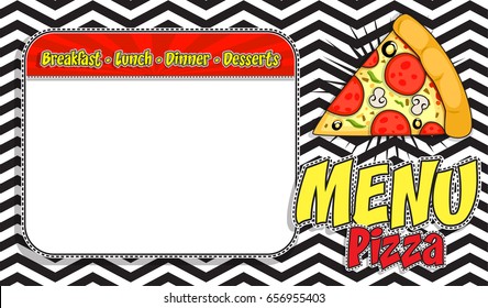Pop Art Style design Postcard, Horizontal frame greeting card. "MENU - Pizza!" sign Invitation card. Vector Illustration. with a white empty space inside for your text or image.