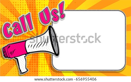 Pop Art Style design Postcard, Horizontal frame greeting card. "Call Us!" sign Invitation card. Vector Illustration. with a white empty space inside for your text or image.