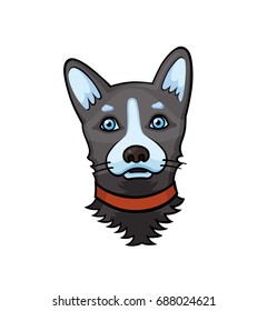 Pop art style dog with blue eyes patch badge. Vector sticker, pin, patch in cartoon 80s-90s comic style