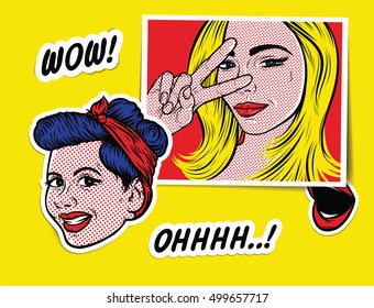 Pop Art Style Fashion Patch Badges with Lips, Smiling Girl Face, Retro Woman. Vector set of stickers, patches in cartoon vintage comic style.