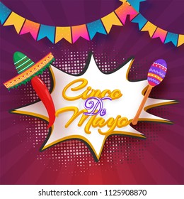 Pop art style flyer or banner design with illustration of sombrero hat and maracas instrument for Cinco De Mayo celebration