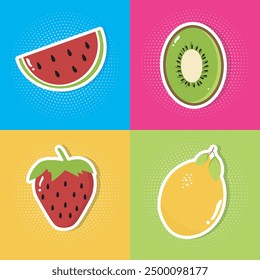 Pop Art Style Fruit Stickers. Lemon, Watermelon, Strawberry, Kiwi