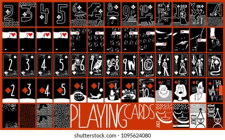 pop art style and fun black red and white vector Hand drawn set of playing cards. full deck with numbers, King, queen, jack, jokers and several background for casinos and playing houses
