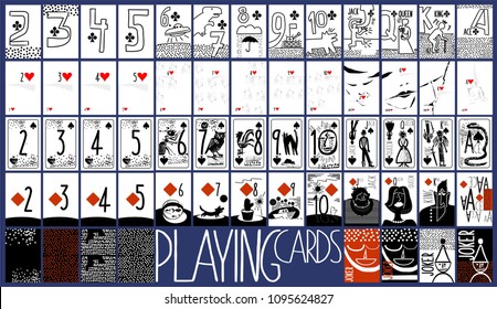 pop art style and fun black red and white vector Hand drawn set of playing cards. full deck with numbers, King, queen, jack, jokers and several background for casinos and playing houses
