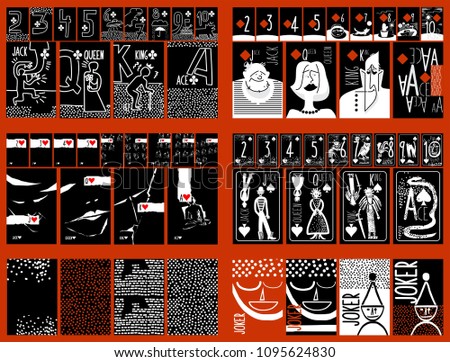 pop art style and fun black red and white vector Hand drawn set of playing cards. full deck with numbers, King, queen, jack, jokers and several background for casinos and playing houses
