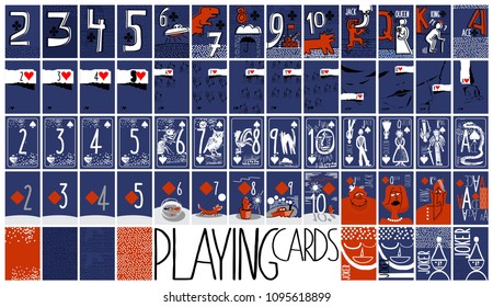 pop art style and fun blue red and white vector Hand drawn set of playing cards. full deck with numbers, King, queen, jack, jokers and several background for casinos and playing houses