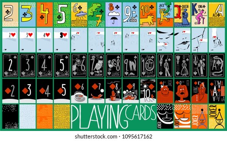 pop art style and fun colorful vector Hand drawn set of playing cards. full deck with numbers, King, queen, jack, jokers and several background for casinos and playing houses