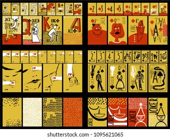 pop art style and fun yellow black red and white vector Hand drawn set of playing cards. full deck with numbers, King, queen, jack, jokers and several background for casinos and playing houses