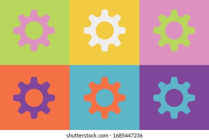 Pop art style gear icon vector pattern on multiple and repeated colorful psychedelic background.