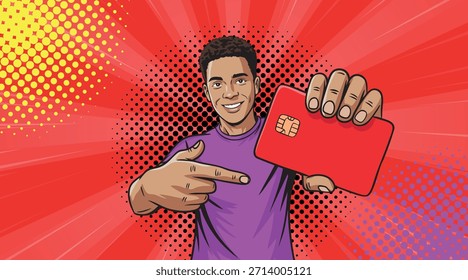 Um cara estilo pop art aponta para um cartão de crédito em um fundo colorido