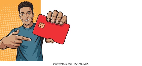 A pop art style guy points to a credit card near a blank banner on a colored background