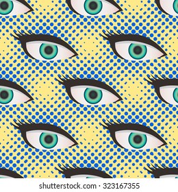 Pop art style halftone close up eyes pattern. Dotted yellow and blue background.