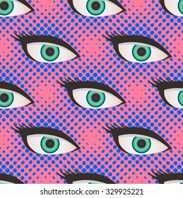 Pop art style halftone close up eyes pattern. Dotted pink and blue background.