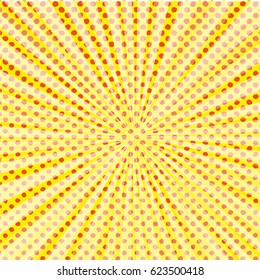 Pop art style halftone explosion with light rays.