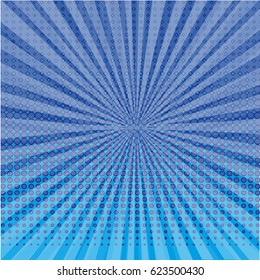 Pop art style halftone explosion with light rays.
