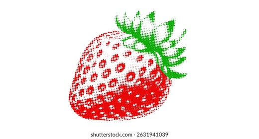 Pop art style halftone illustration of a strawberry with green leaves. Retro dotted texture effect, vibrant red and green colors, isolated on white background, stylized fruit design.