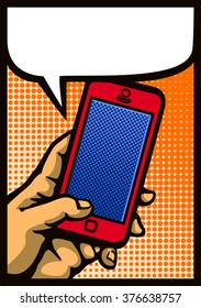 Pop Art Style Hand Holding Smartphone, Comic Book Mobile Phone Vector Illustration