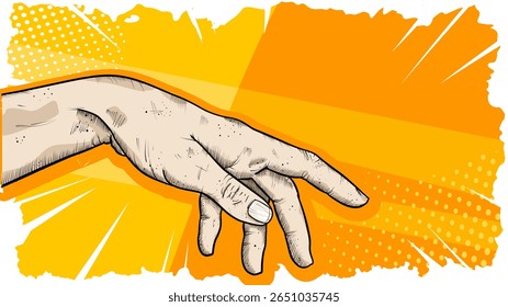 Pop art style hand reaching - banner, poster - vector illustration