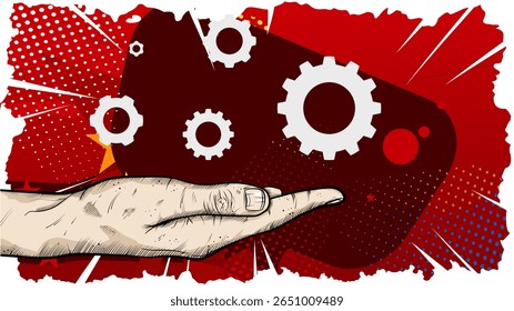 Pop art style hand with settings gears  - vector illustration ,banner, poster