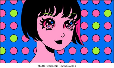 Pop art style illustration of an anime woman with black bob haircut. Poster or t-shirt print template.