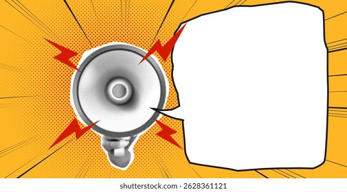 Pop art style illustration featuring a megaphone with a speech bubble. Background in vibrant yellow with red accents. Ideal for announcements and promotions.