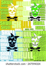 pop art style illustration for halloween. four skulls with keys, four colors with ' skull ' words ' background vector print pattern. celebration, greeting, gift card,  t shirt print, poster design.