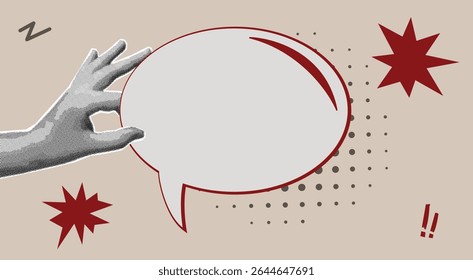 Pop art style illustration of hand holding a blank speech bubble on beige background. Concept for message, communication, and dialogue in retro comic style.