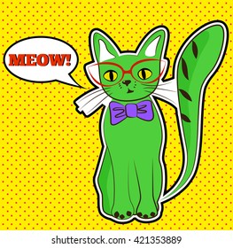 Pop art style image with cat saying "Meow!" Bright vector image of cat.