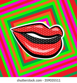Pop art style.  Lips on abstract background. Vector illustration