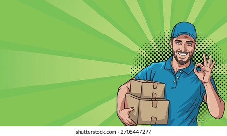 Un tipo del cargador del estilo del arte pop con las cajas muestra un OK 