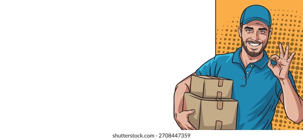 Un tipo de cargador de estilo pop art con cajas muestra un Anuncio en blanco OK.