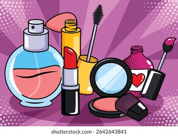 Pop Art Style Makeup and Cosmetics Collection Lipstick, mascara, Perfume, Nail Polish, and Compact Blush on Purple Pop Background. Bold Cartoon Comic Art
