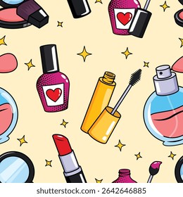 Pop Art Style Makeup and Cosmetics Seamless Vector Pattern. Lipstick, Mascara, Perfume, Nail Polish and Compact Blush 