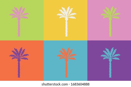 Pop art style Palm vector pattern on multiple and repeated colorful psychedelic background.