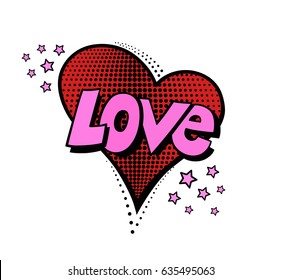Pop art style patch badge. Comics book style vector sticker, pin, patch, illustration in cartoon 80s-90s comic style. The author's font says the word love