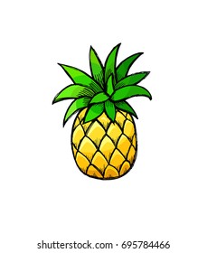 Pop art style pineapple patch badge. Hand drawing vector sticker, pin, patch, illustration in cartoon 80s-90s comic style