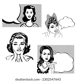 Pop art style portraits of women and girls on a dotted background with clouds for text. Vector black and white drawing