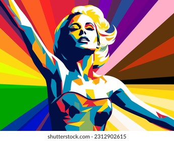 Pop art style poster of proud transgender human on the background with colored stripes in colors of LGBT flag