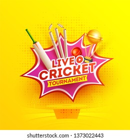 Pop-Art-Poster oder Template-Design mit Illustration von Cricket-Geräten und Champion-Trophäe für Live Cricket-Turnierkonzept.