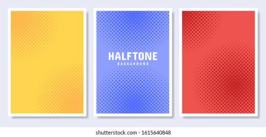 Pop Art Style Posters set. Halftone circle in color background. Template for cover, flyer, poster, presentation. Vector illustration.