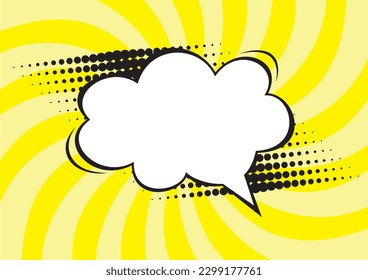 Pop art style. Retro vector illustration icon with pop bubble on yellow background. Speak cloud. Wavy rays.