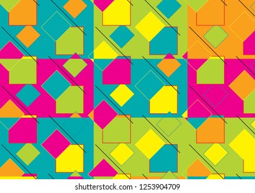 Pop Art Style Rhombus and Squares Colorful Pattern Vector Design. Abstract Geometric Background. Mondrian Style Modern Template. Polygonal Geometric Mosaic Ornament in Bright Pink, Blue, Orange