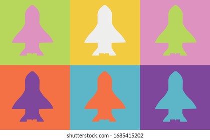 Pop art style rocket vector pattern on multiple and repeated colorful psychedelic background.