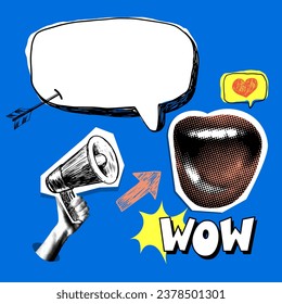 Pop art style screaming mouth. Halftone female lips in retro comic style. Hand drawn megaphone, speech bubble. Advertising concept. Marketing. Sale banner. Design elements to attract attention