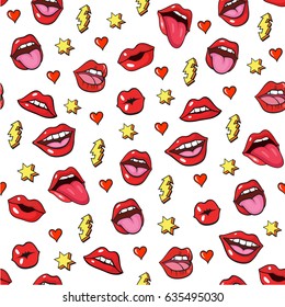 Pop art style seamless background with fashion patch badges. Lips, hearts, and other elements. Comic book style vector stickers, pins, patches, illustrations