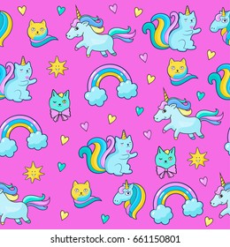 Pop art style seamless background with fashion patch badges. Cats, unicorns, rainbow and other elements.  Comic book style vector stickers, pins, patches,  illustrations