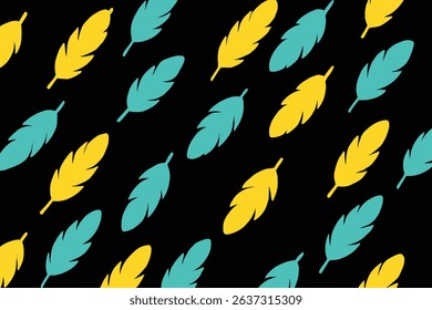Pop Art Style Seamless Feather Pattern in yellow and turquoise on Black Background